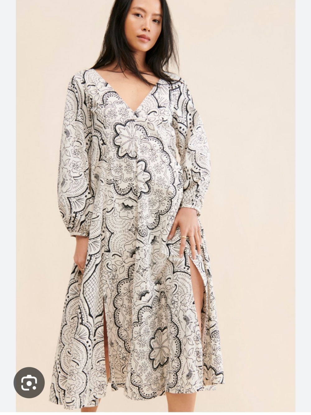 Anthropologie Black and Cream Paisley Wrap Maxi Dress with Slits